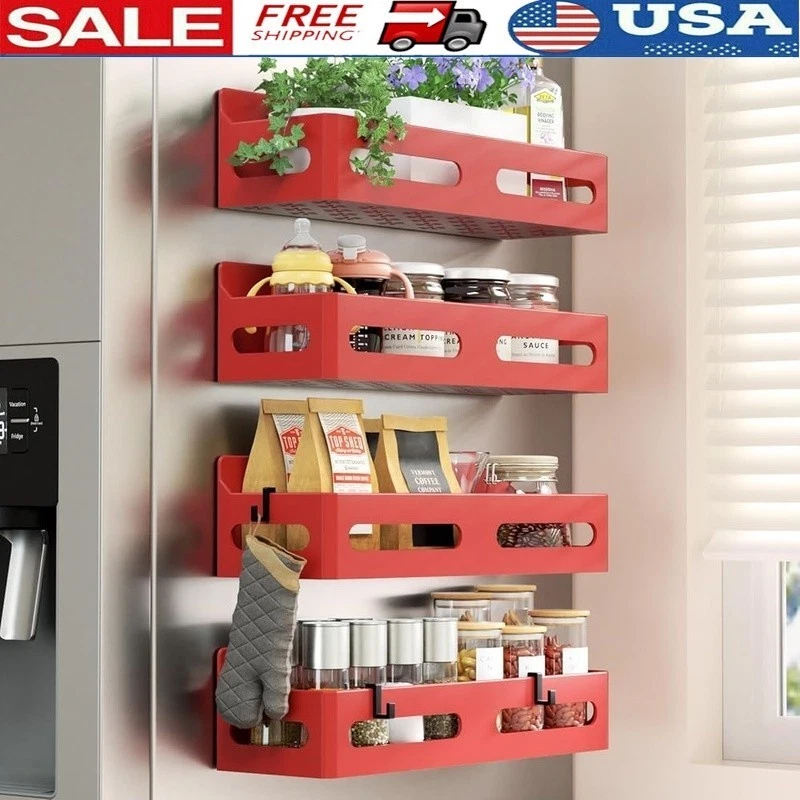 Magnetic Spice Rack Organizer 4 Pack Space Saving Fridge Storage Accessory Red