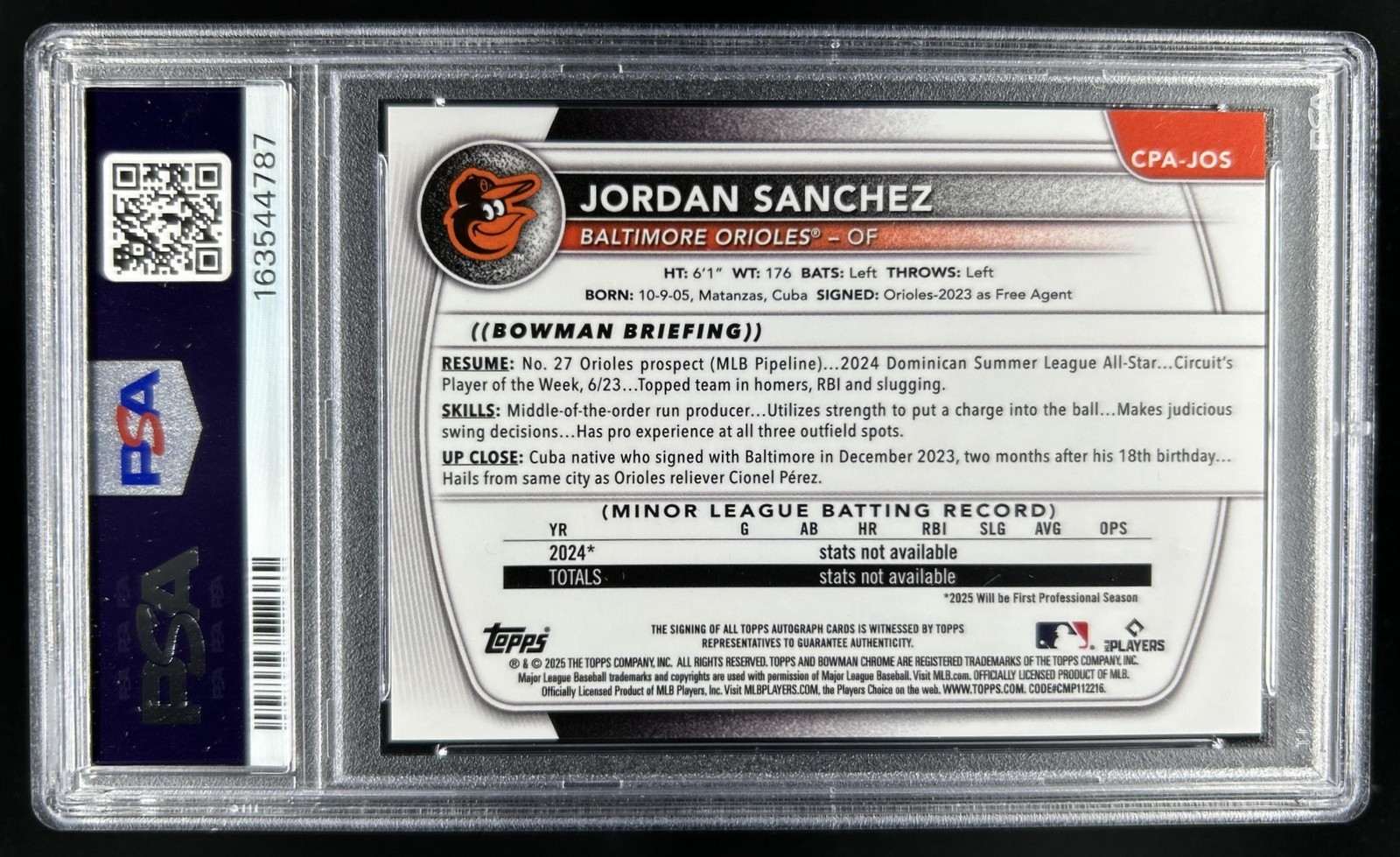 2025 Bowman Chrome Jordan Sanchez Auto HTA Choice Refractor 1st #/150 PSA 9 view 2