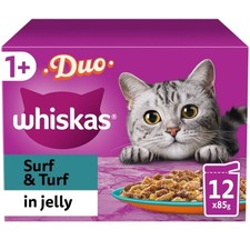 48 x 85g Whiskas 1+ Duo Surf & Turf Mixed Adult Wet Cat Food Pouches in Jelly 5.39 per kilo