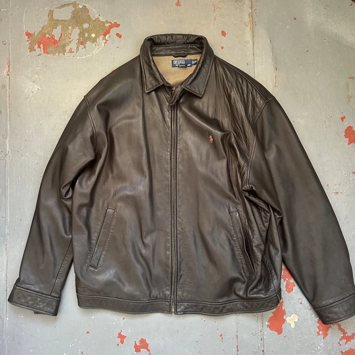 Polo Ralph Lauren Men's Black Plaid Lined Leather Jacket XXL 90s