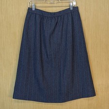 Vintage 70s Blue Pinstripe Wool Blend Midi Skirt Women's Medium Retro Schoolgirl