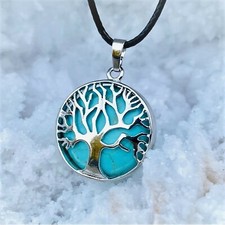 Turquoise Tree of Life Silver Healing Stone Pendant & Black Cord Necklace