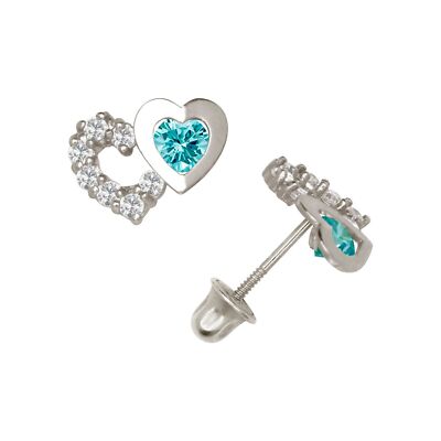 Solid 14K White Gold Double CZ Heart Birthstone Studs Screw Back Earrings Gift