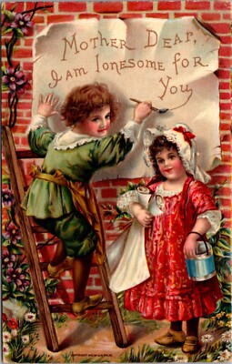 Mother's Day Postcard Two Children Painting Mother Dear I Am Lonesome For You