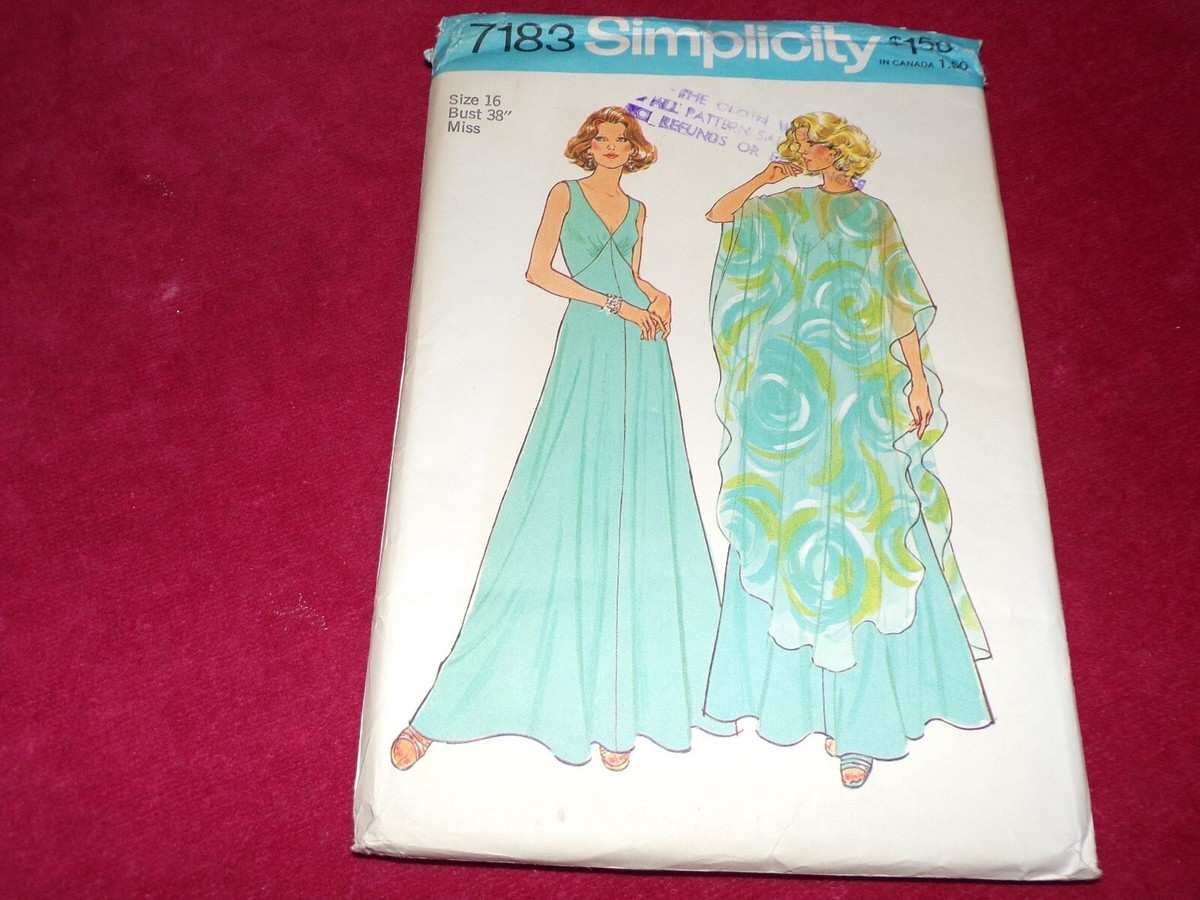 🌼 1975 SIMPLICITY 7183-LADIES FLOOR LENGTH COCKTAIL GOWN-PONCHO