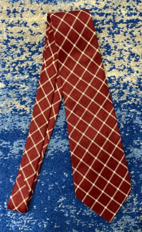 Corbata Polo Ralph Lauren Rojo Profundo Beige Sesgado a Cuadros 100% Lino Hecha a Mano EE. UU. Foto 2 de 4