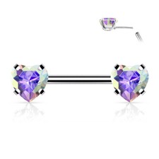 Pair of Surgical Steel Threadless Push In Nipple Barbells W/ Prong Set Heart CZ
