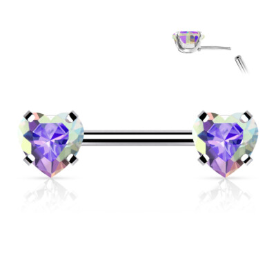 Pair of Surgical Steel Threadless Push In Nipple Barbells W/ Prong Set Heart CZ 