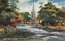 Postcard Art EW Trick Holy Trinity Church and Weir Stratford on Avon England UK