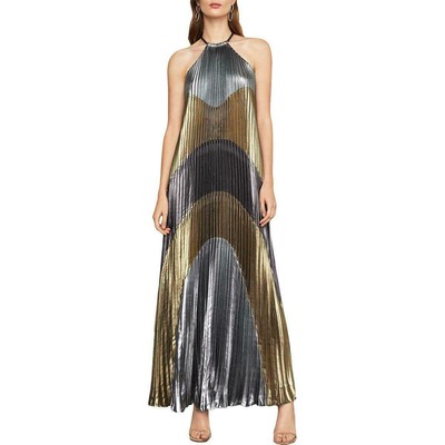 bcbg pleated metallic halter gown