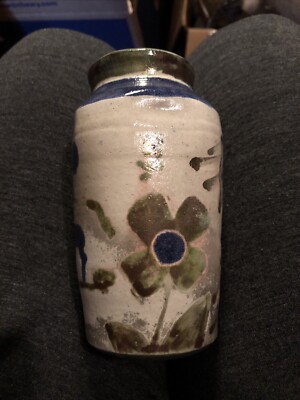 Handmade 5  Ceramic Vase Vessel Container Blue Green Flowers/deer