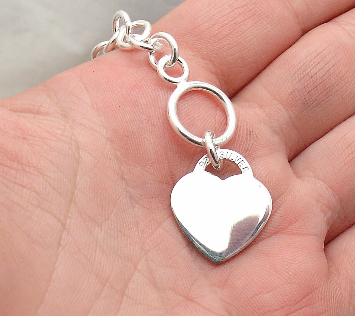 Solid Engravable Heart Tag Bracelet with Toggle Clasp Real 925