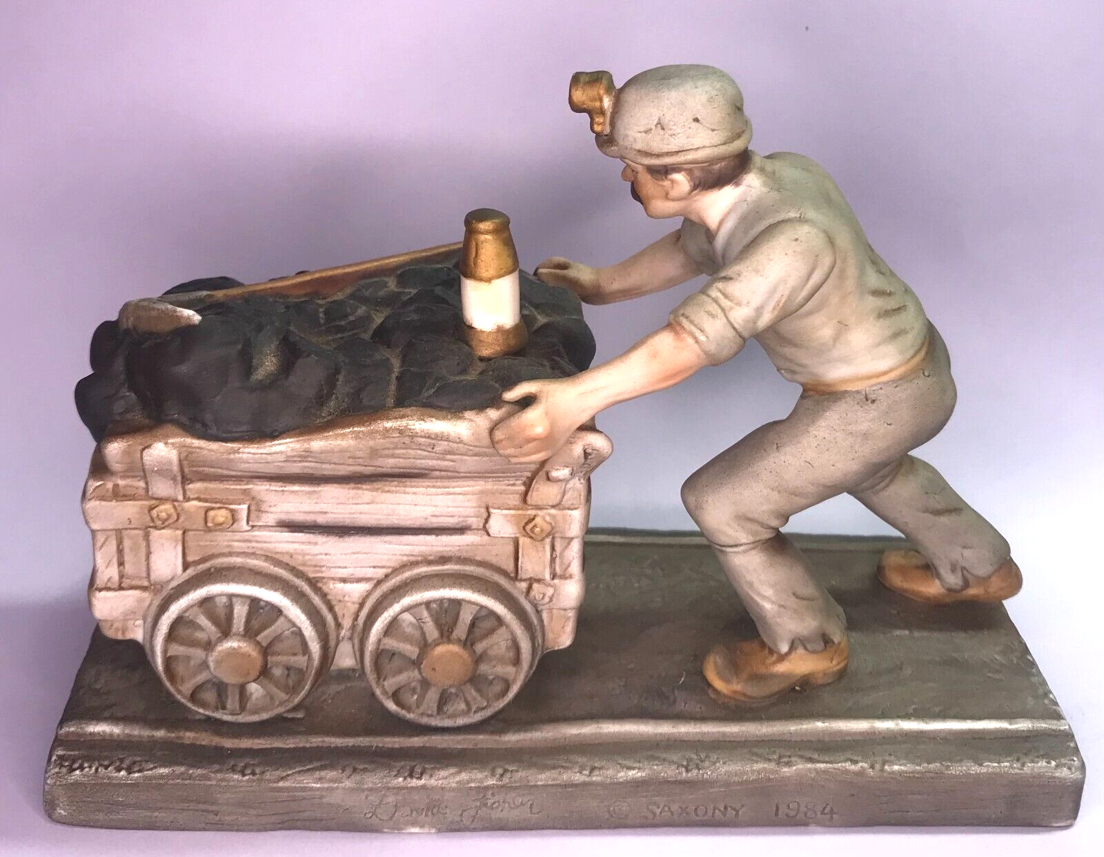 Vintage 1984 Saxony Coal Miner Bisque Figurine by David Fisher with Cart