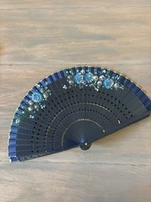 Vintage Spanish Wood Hand Fan Handpainted Double Side Navy Blue Floral.