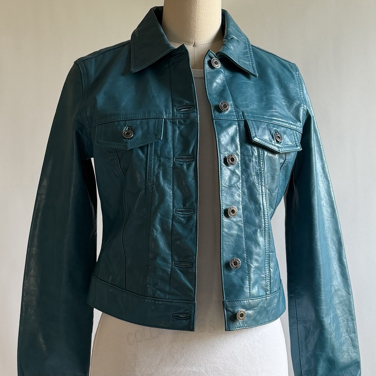 Vintage Y2K Gap Aqua/Teal/Turquoise Leather Trucker Jacket XS | eBay