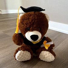 Brown  White Plush Graduation Teddy Bear w/ Cap, Yellow Tassel  Bow
