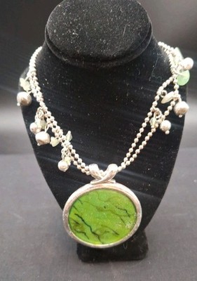 Womens Round Lg Green Malachite Pendant Neckless, Silver-toned W-Charm & Beads 