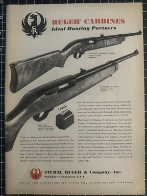 1960s Vintage Ruger Carbines Print Ad - .44 Magnum .22 Guns Advertisement