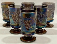 (6) VTG Imperial Grape Pattern Purple Amethyst Carnival Glass Footed Tumblers