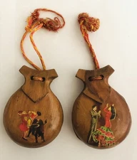 Vintage Collectible Handmade Pair Wooden Castanets Flamenco Dancers Bullfighter