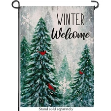Winter Welcome Decorative Garden Flag Pine Trees, Snowy Forest Red Cardinal B...