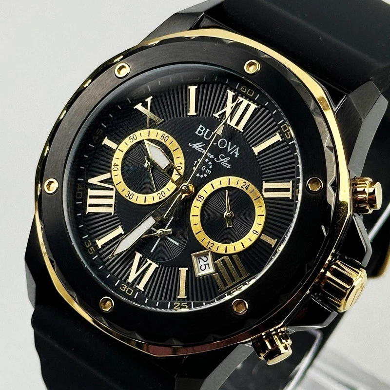 Bulova Marine Star 98B278 Black Gold Dial Black Rubber Strap Men's Quartz Watch - Image 4 of 4