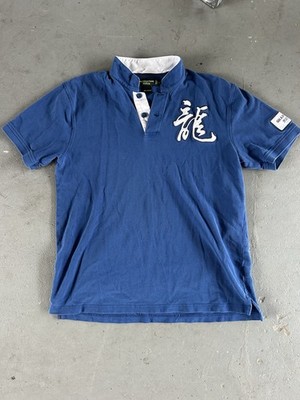 Shanghai Tang Men s Size XL Blue Polo With White Dragon Print Short Sleeve