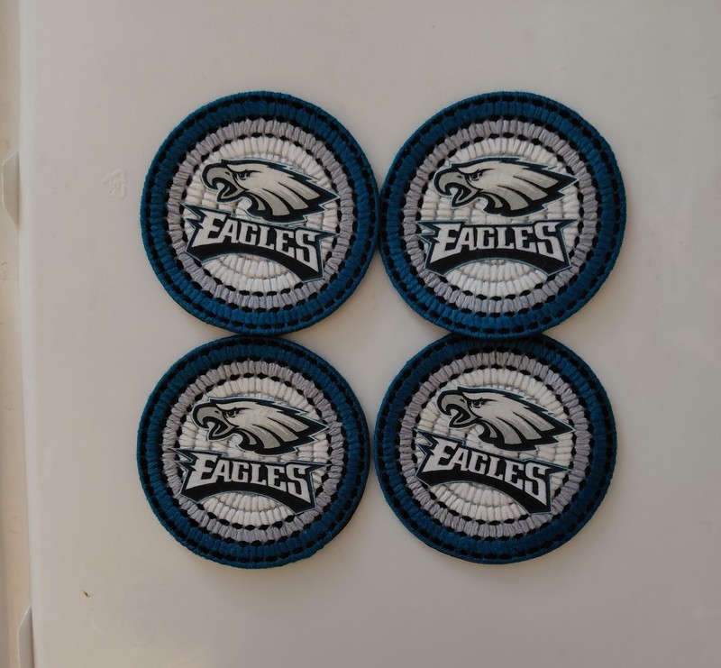 4 Hand Made Philadelphia Eagles Coasters, 4 Football Coasters and 4 Can Koozies