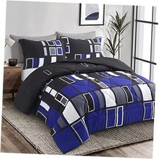 Microfiber 3 Pieces Comforter Set Gray Black Plaid Pattern King Blue