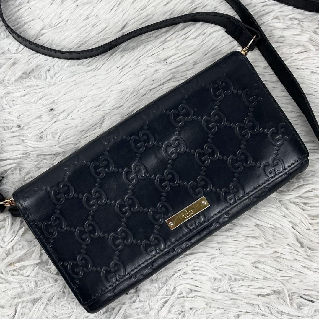 Gucci GG Pattern Black Leather Crossbody Wallet Pre-Owned