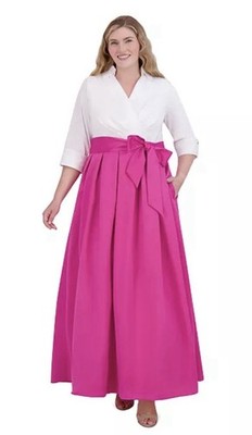 Jessica Howard Ball Gown Size 18W PLUS White Pink Sash-Tie Taffeta 3/4 Sleeve