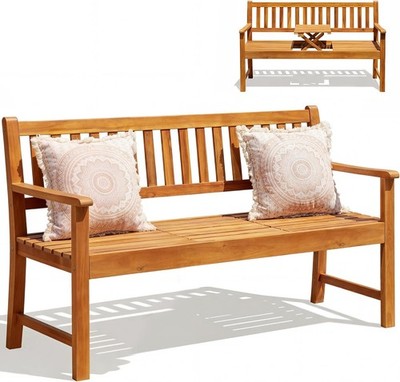 Devoko Outdoor Bench 2 Person Wood with Pull Out Table for Patio Log