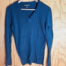 Eddie Bauer Cable Knit V Neck Sweater Blue XL Long Sleeve Women's  Fitted