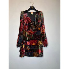 NWOT Farm Rio Crazy Mix Plunge Neck Long Sleeve Velveteen Mini Dress S #D6966