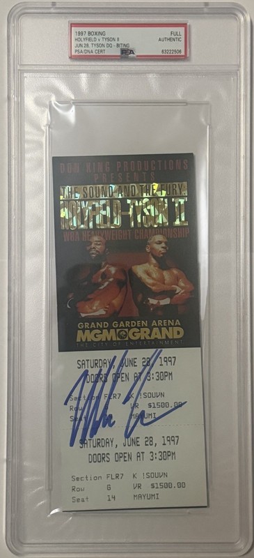 Signed Mike Tyson 1997 Tyson vs. Evander Holyfield II Bite Fight Full Ticket PSA
