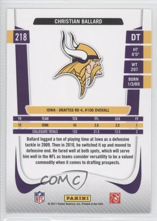 2011 Panini Prestige Rookie Christian Ballard #218 Rookie RC - Image 2 of 2