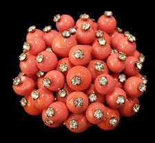 Vintage Button Orange Glass Beads and Rhinestones Signed BRANIA Schreiner Era