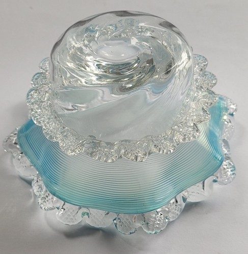 Antique VICTORIAN Blue Clear GLASS DISH FINE THREADING APPLIED FRILLED RIM - Picture 5 of 9