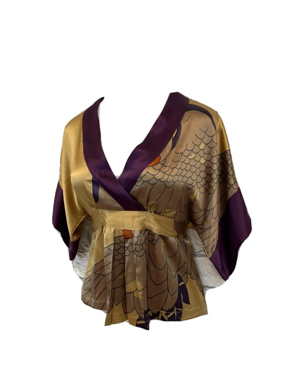 Antik Batik Silk Okinawa Top Gold & Purple V-Neck Short Kimono Sleeves Sash SZ S Antik Batik Silk Okinawa Top Gold & Purple V-Neck Short Kimono Sleeves Sash SZ S