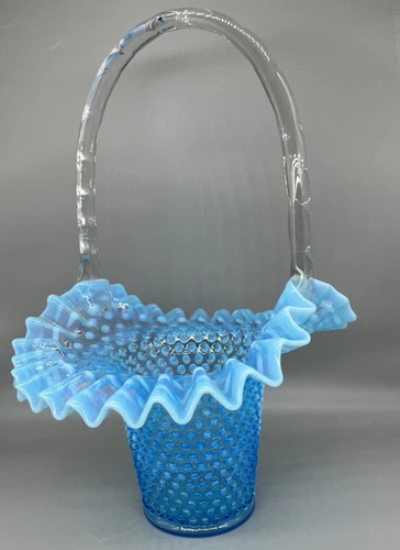 Large Vintage Fenton Art Glass 15" Blue Opalescent Hobnail Basket
