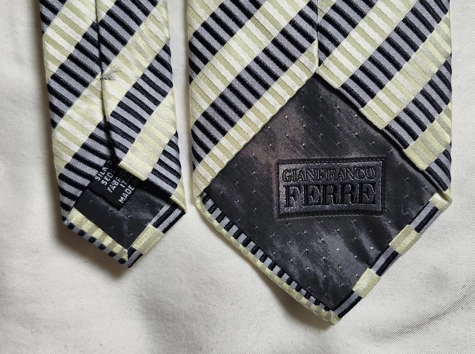 Corbata Gianfranco Ferre Hombre Seda Negra Verde Claro Rayas Hecha en Italia Foto 4 de 4