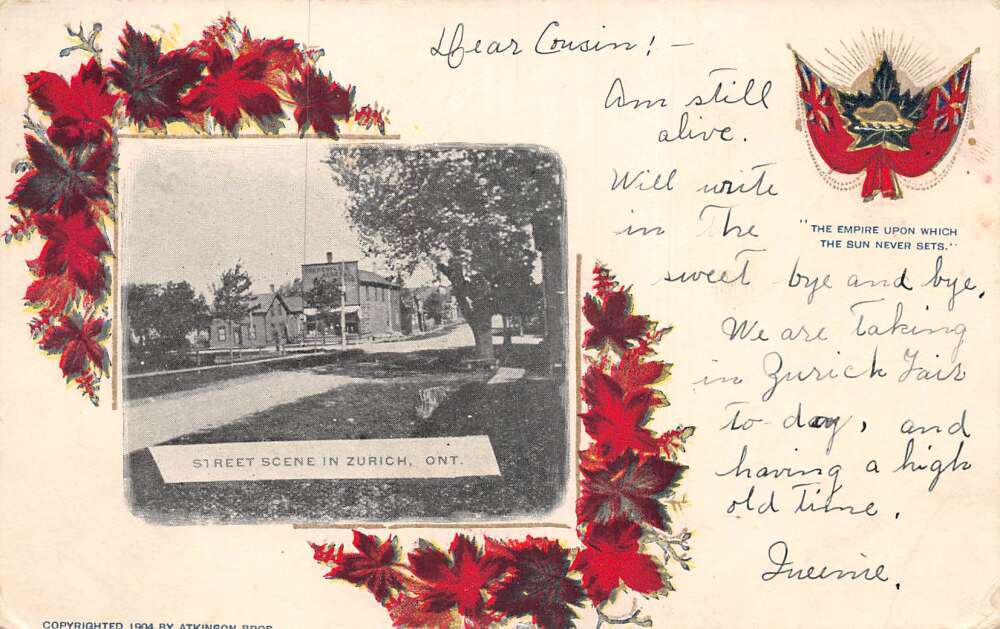 Zurich Ontario Canada Street Scene Maple Leaf Border Vintage