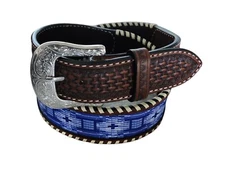 Western Ranger Cloth Print Tooled Chestnut Leather Belt Whip Stitch Size 33.5"