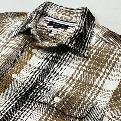 NWT Tommy Hilfiger Shirt Men Tan Plaid Flannel Tweed Heavyweight Outdoor Large