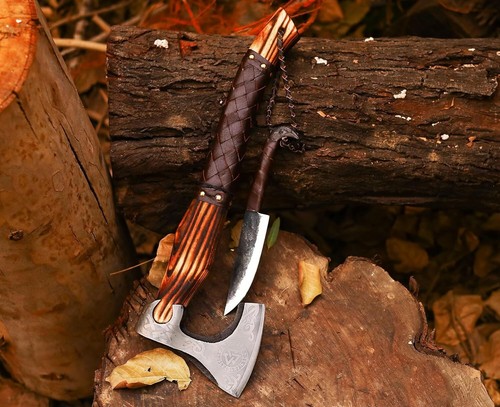 Viking Axe Handmade 2 in 1 Axe and Raven Head Knife Ash Wood Handle Carbon Steel - Picture 2 of 9