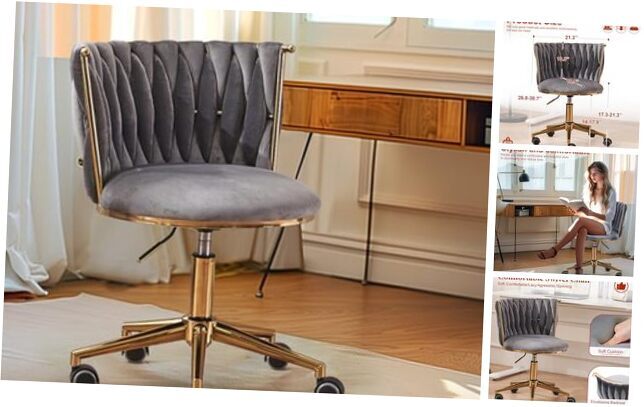 Velvet Swivel Desk Chair in Grey for Home Office or Vanity