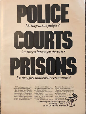 1974 CBS Radio Network PRINT AD Hearing American Justice VTG 1970s Mike Wallace