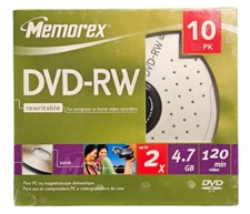 NEW 10 Pack DVD-RW Memorex Rewritable Computer/Home Video Recorders 4.7 GB