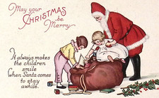 c1920s Christmas Postcard Santa Helps Young Girls Look Inside Giant Toy Sack