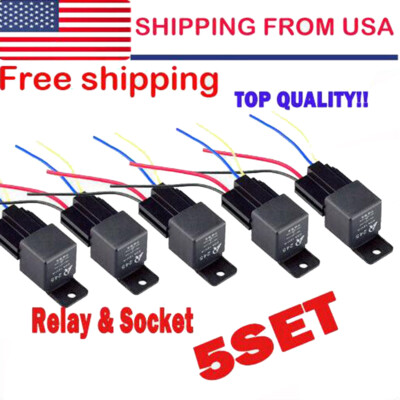 5 PACK 12V 30/40 Amp 5-Pin SPST Automotive Relay with Wires & Harness Socket Set